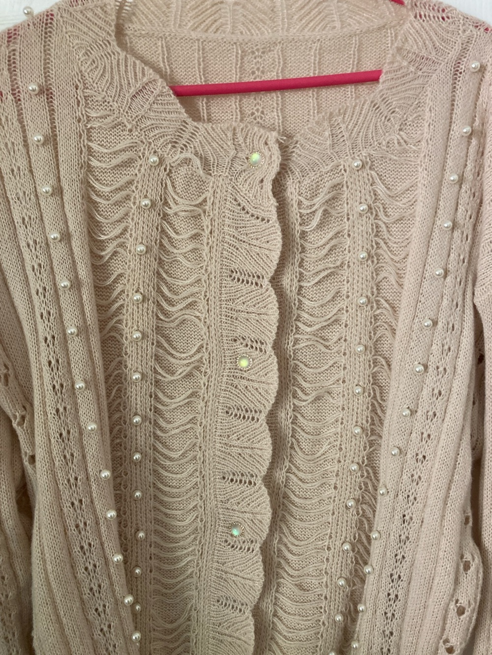 Lace Knit Pearl-Trim Cardigan Sweater - Blush